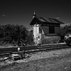 Historický železniční strážní domek, výhybka a projíždějící vlak.
