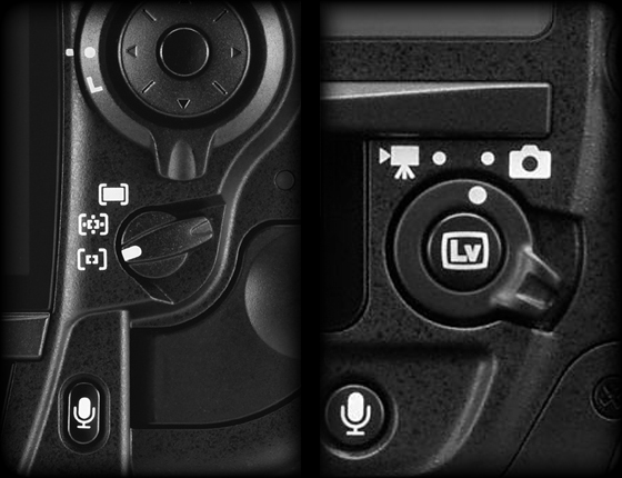 Left: Focus area mode dial on Nikon D3x. This important driver has been replaced by the movie-photography selector on the new D4 (right).
