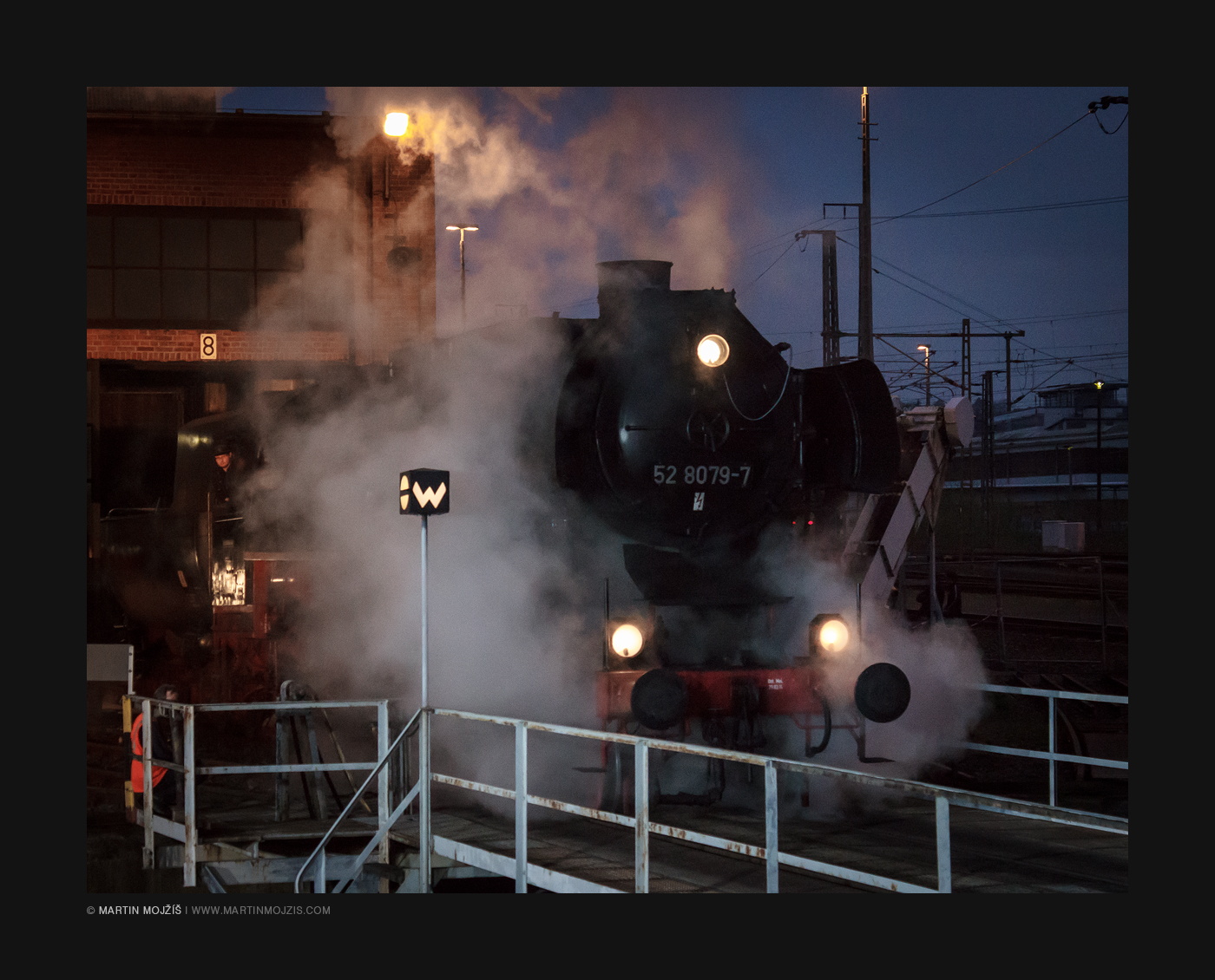 Steam locomotive on a turntable.