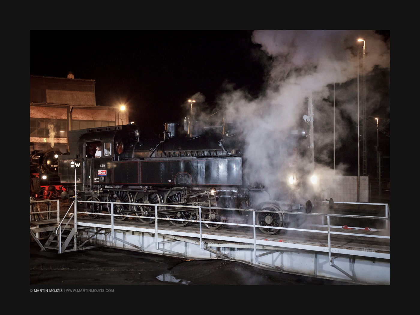 Steam locomotive on a turntable.