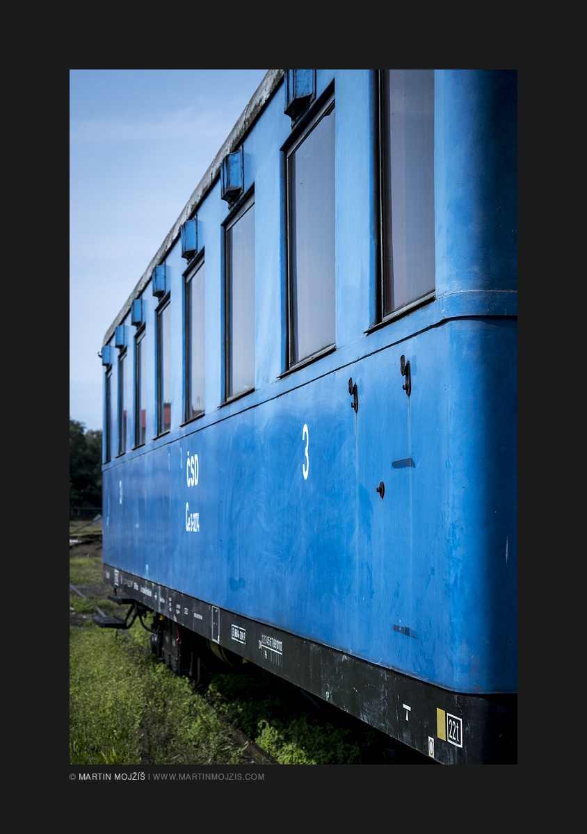 Blue passenger historical wagon. Railway muzeum in Luzna near Rakovnik.