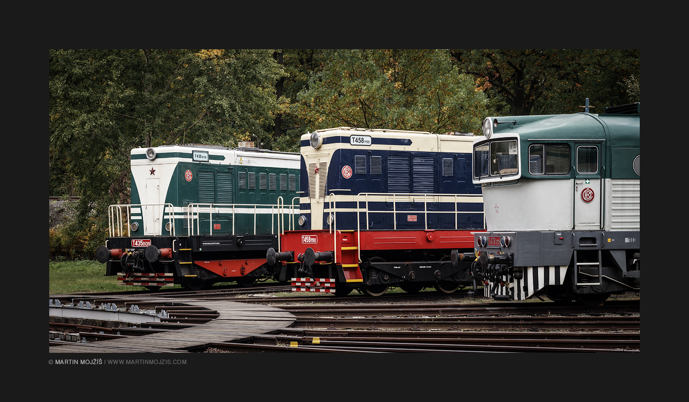 Three diesel-electric locomotives: T 435 0139, T 458 1190 and T 478 3101. Railway (railroad) museum in Luzna near Rakovnik.