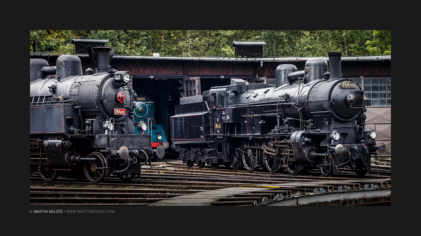 Steam locomotives 354 195 and 354 7152, in the background 387 043. Railway (railroad) museum in Luzna near Rakovnik.