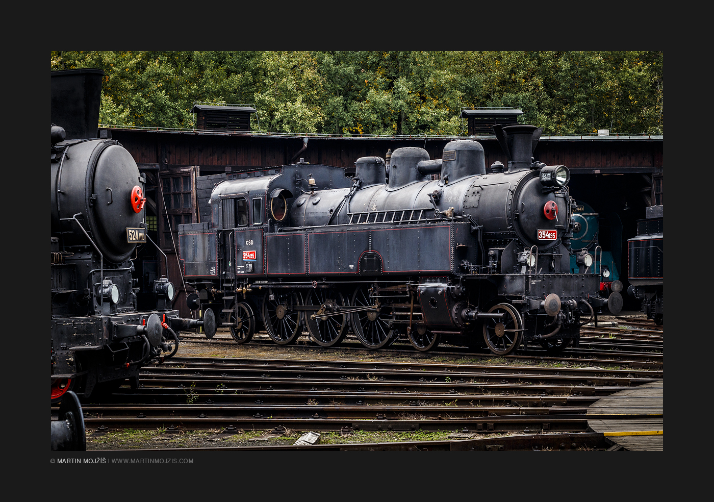 Steam locomotives 524 1110 and 354 195. Railway (railroad) museum in Luzna near Rakovnik.