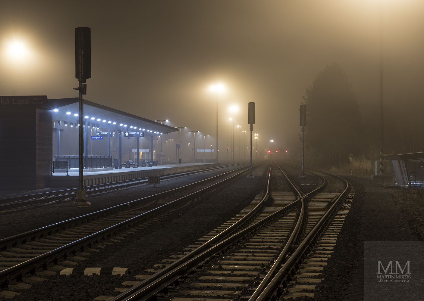 Rails and foggy night. Railway station Ceska Lipa.