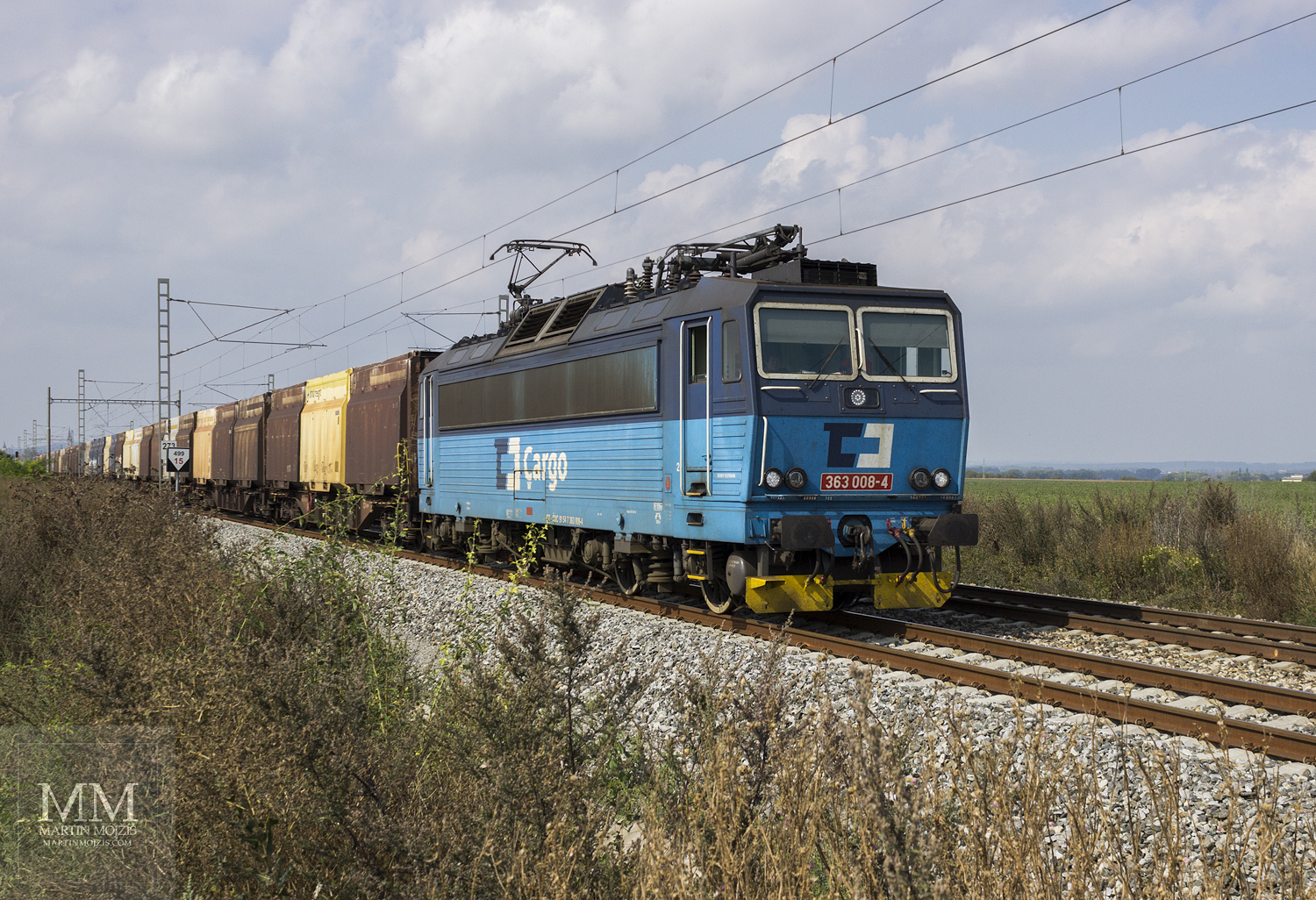 Photograph of freight train in head with locomotive Skoda 363.