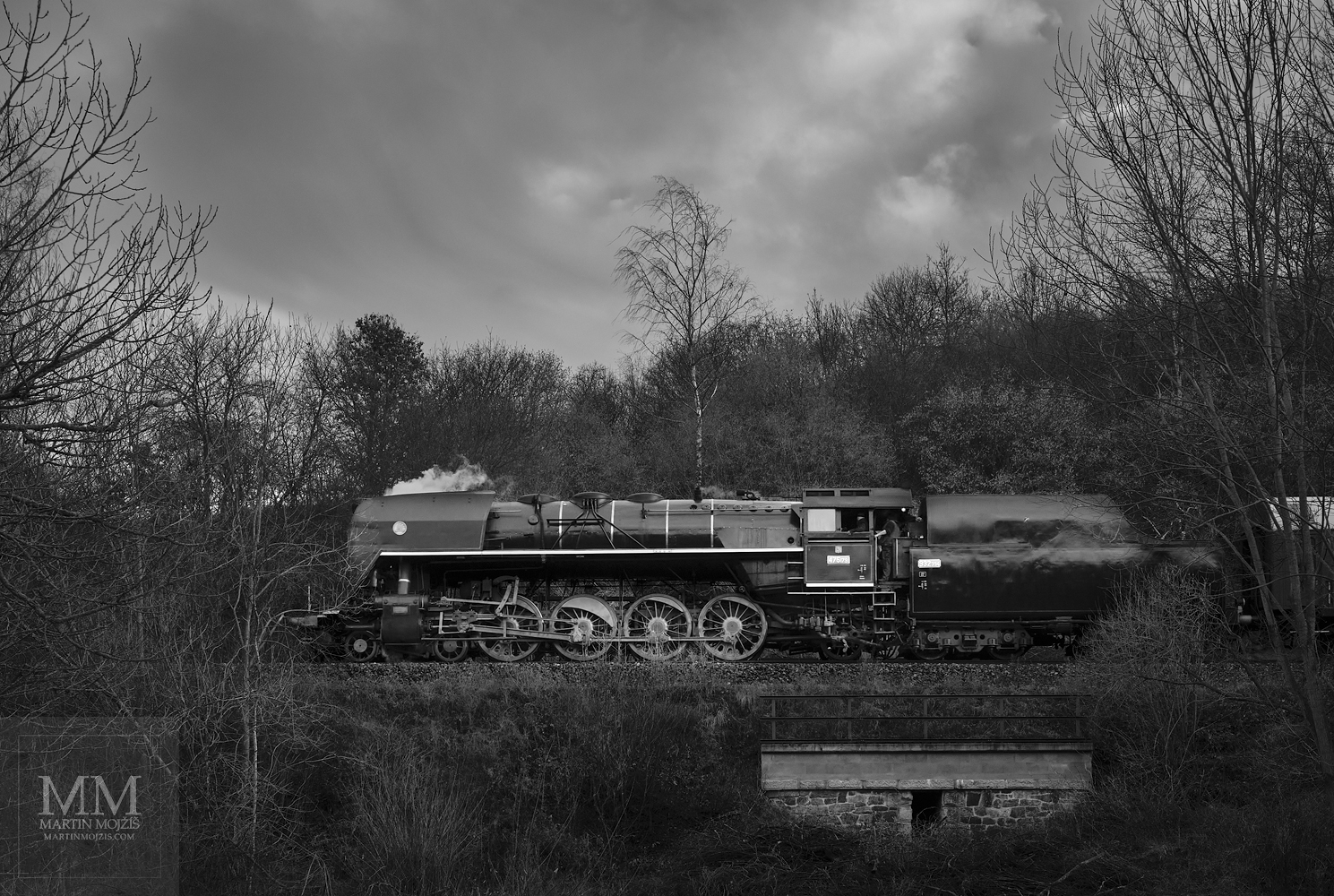 Velkoformátová černobílá fotografie parního vlaku. Martin Mojžíš.