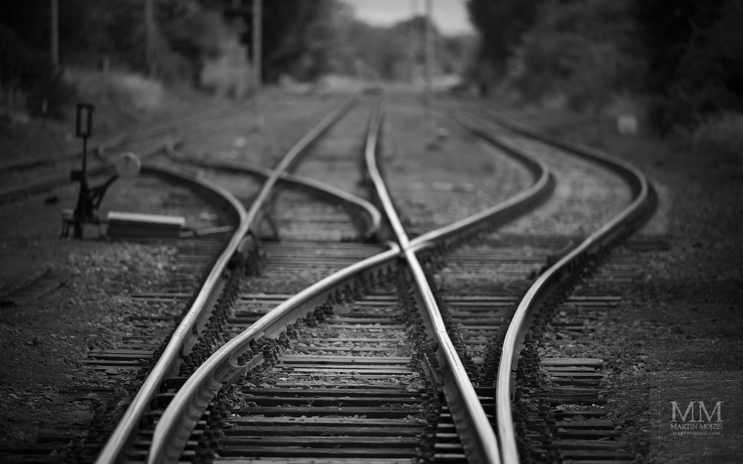 Crossroads of the railway tracks. Fine art black and white photograph CROSSROADS IV, photographed by Martin Mojzis.