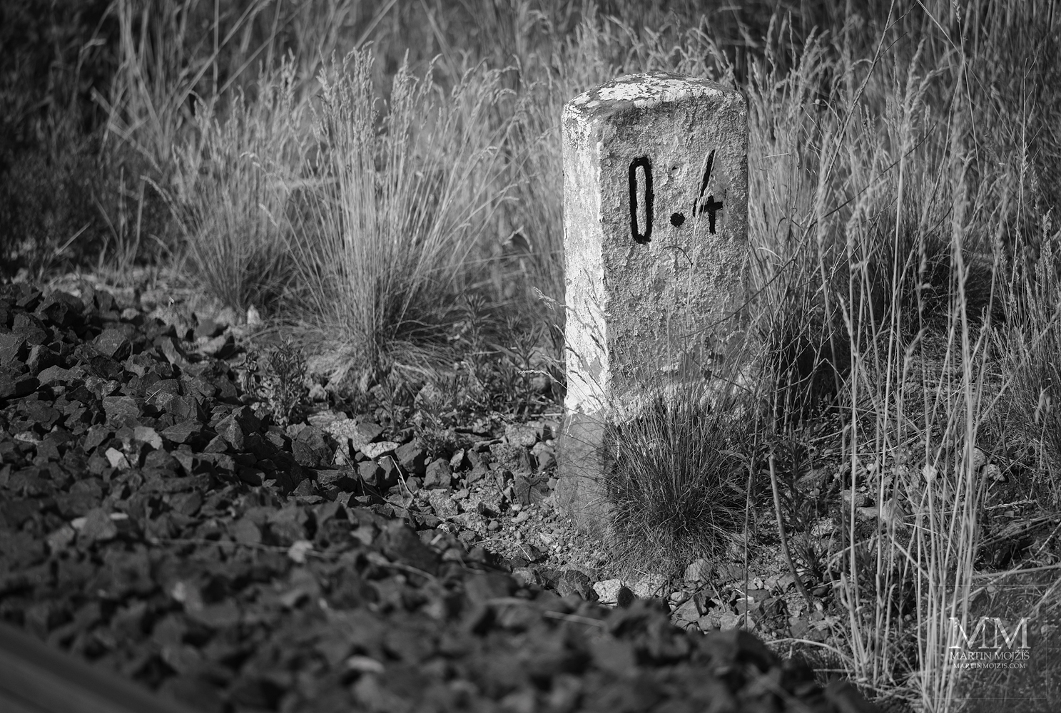 Železniční hektometrovník ve vysoké trávě. Umělecká černobílá fotografie s názvem V TRAVINÁCH III. Fotograf Martin Mojžíš.