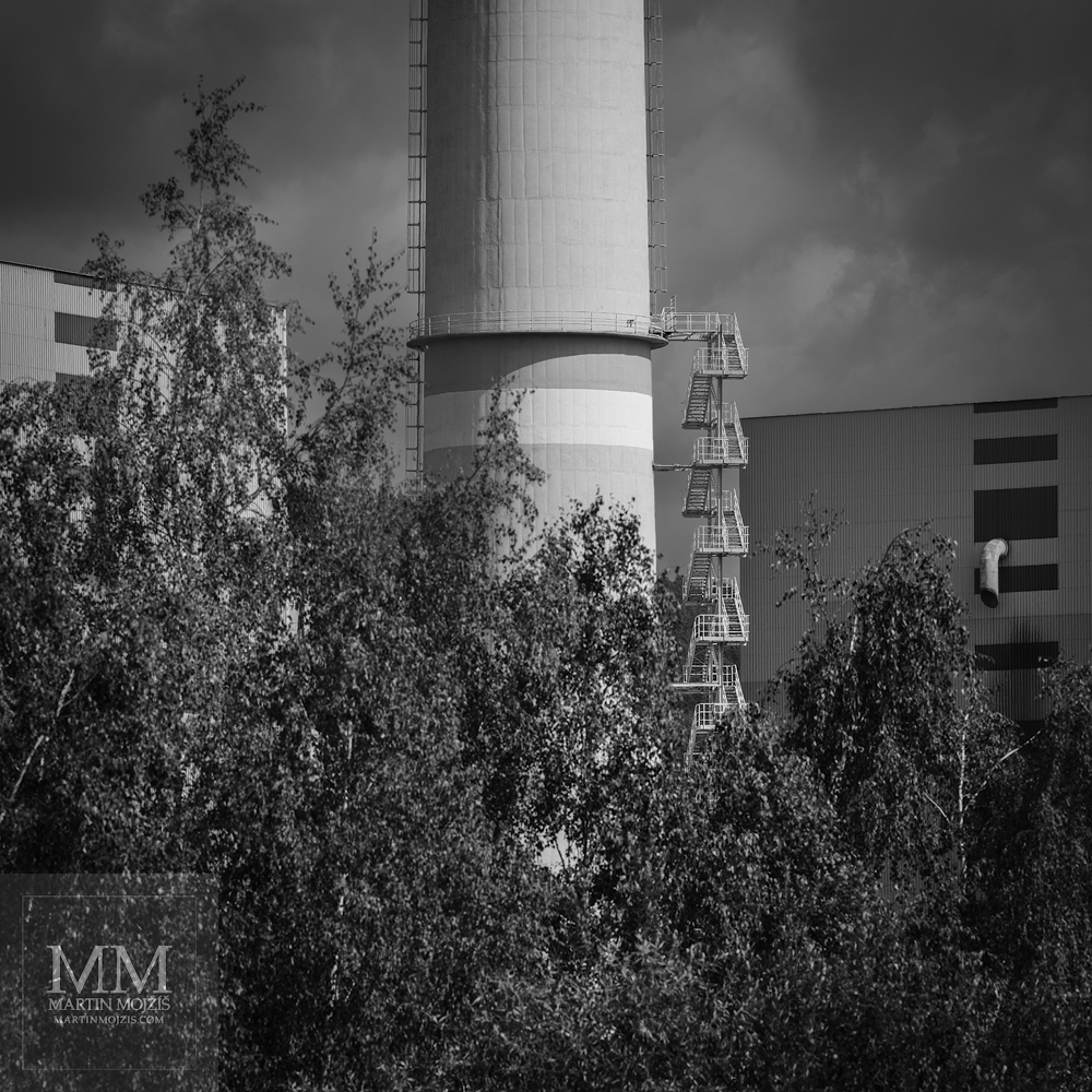 Stairs by the tall chimney of the power plant Prunerov I, now demolished. Fine art black and white photograph STAIRS OF THE PAST I, photographed by Martin Mojzis.