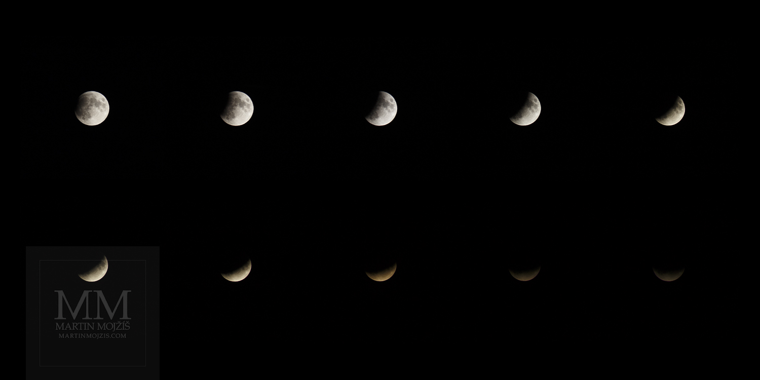 Velkoformátová umělecká fotografie deseti fází částečného zatmění Měsíce.