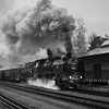 Velkoformátová umělecká černobílá fotografie parní lokomotivy v čele osobního vlaku. Martin Mojžíš.