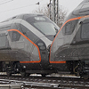 CAF Oaris Flytoget train on the winter railway testing in Czech Republic.
